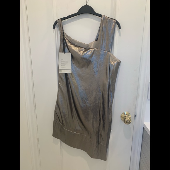 NWT Roland Mouret Anser asymmetric silk-blend gold lame dress. Size 14 - Picture 4 of 8